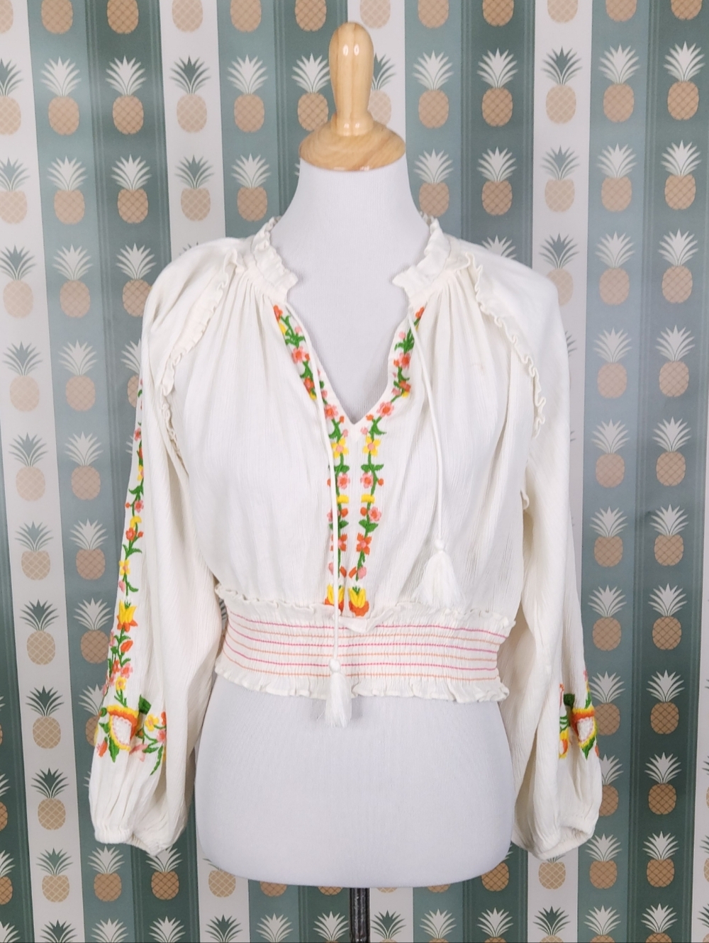 Cleobella Embroidered Boho Peasant Top - White with Multicolor Floral Trim